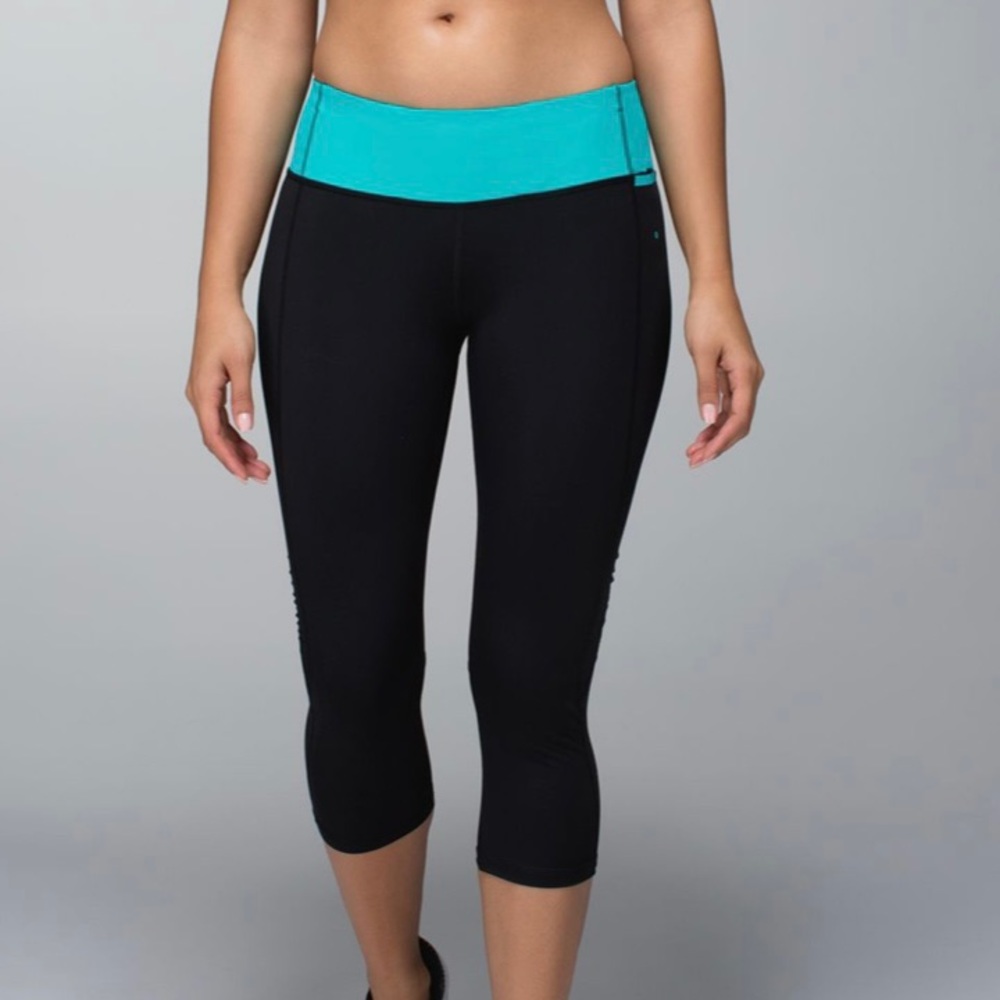 Lululemon Women’s Water Bound Leggings Crop Capri Run Gym Yoga Black With Teal